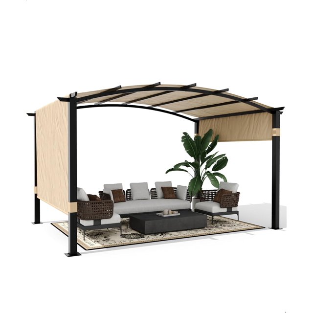 BeesClover Pergola Arquée Extérieure 12*9 Pieds, Gazebo en Aluminium Robuste avec Auvent Rétractable, Résistant aux UV pour Terrasse Jardin Porche Pelouse