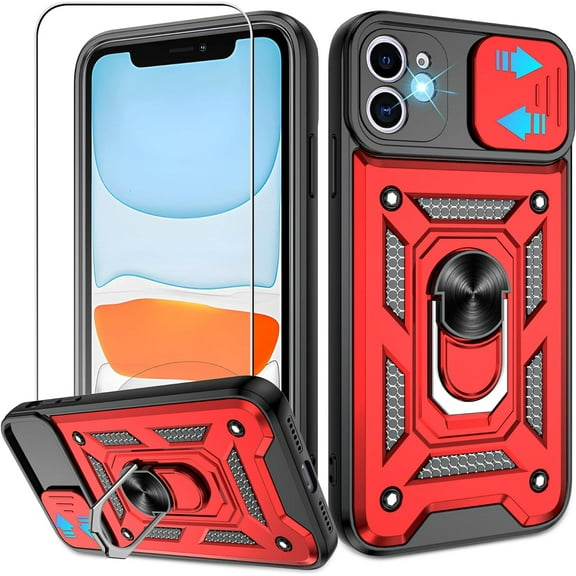 for iPhone 11 Phone Case with Anti-Explosion Screen Protector, Heavy Duty Shockproof with 360° Rotation Metal Kickstand [Military Grade] Protective Case for iPhone 11, Red