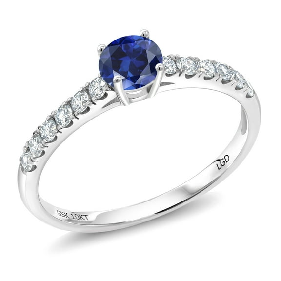 Gem Stone King 0.59 Ct Round Blue Created Sapphire E-F Lab Grown Diamond 10K White Gold Women Engagement Ring (Size 8)