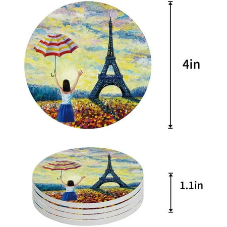 

KXMDXA Eiffel Tower and Little Girl Holding Umbrella Set of 4 Round Coaster for Drinks Absorbent Ceramic Stone Coasters Cup Mat with Cork Base for Home Kitchen Room Coffee Table Bar Decor