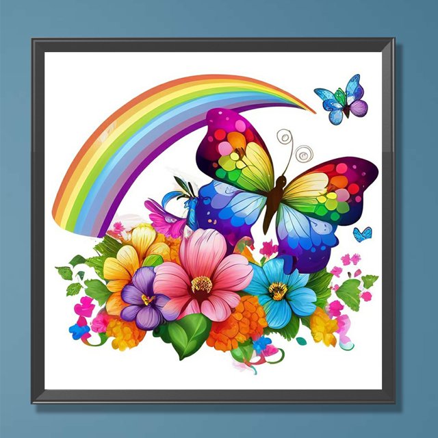 Cuadros Decorativos Pintura de diamante 5D DIY Taladro redondo completo Arco iris Mariposa y rana Decoración para el hogar Wdftyju embutido en tela