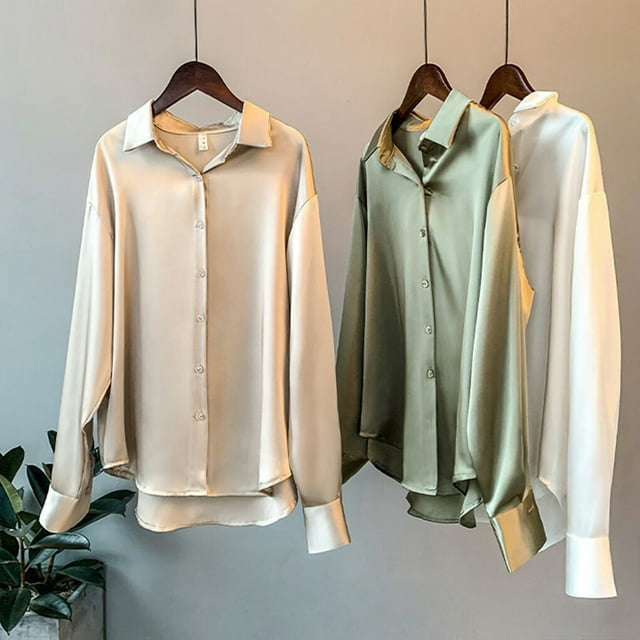 Chemise Décontractée pour Femmes Style Boutonné Voyage Randonnée Vêtements Vacances Travail Réunion Polyester Blouse à Col Rabattu Manches Longues Vêtements Vert 2TG