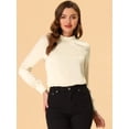thumbnail image 2 of Blusa de manga de soplo fruncida plisada con cuello alto Allegra K suave sedoso para mujer Beige S, 2 of 5