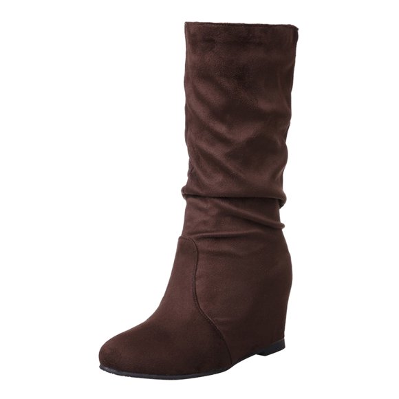 Bmisegm Ladies Fashion Retro Solid Color Suede Internal Elevated Mid Length Boots Shoes Boots for Women Brown 6.5