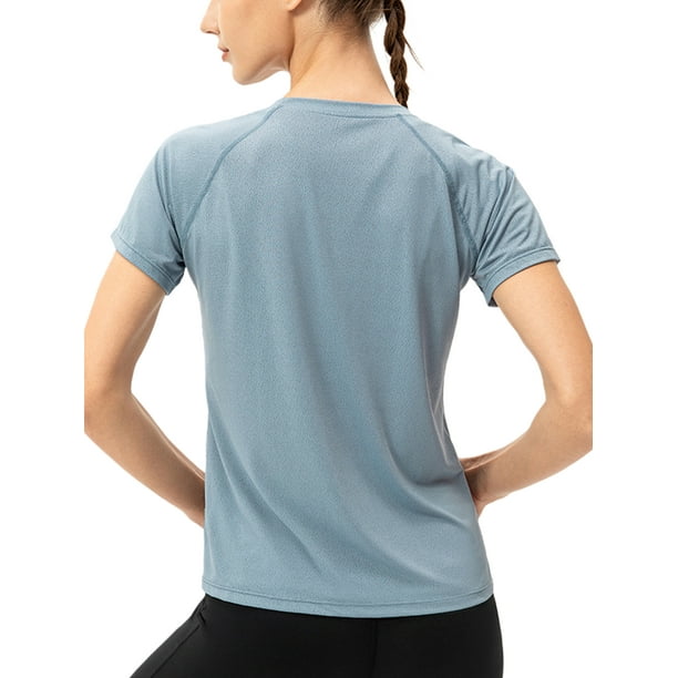 MAWCLOS Ladies Yoga T-Shirts Solid Color Tee Crew Neck Workout Top Loose  Fit Sports Short Sleeve T Shirt Gray Blue L 