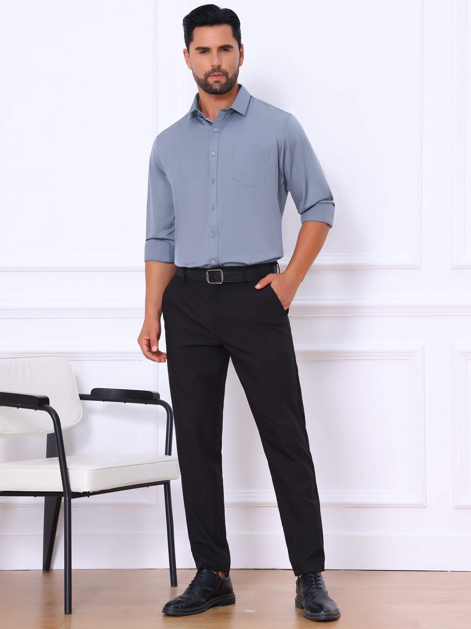 Unique Bargains Men's Long Sleeve Regular Fit Business Button Down Formal Shirt S Grey
