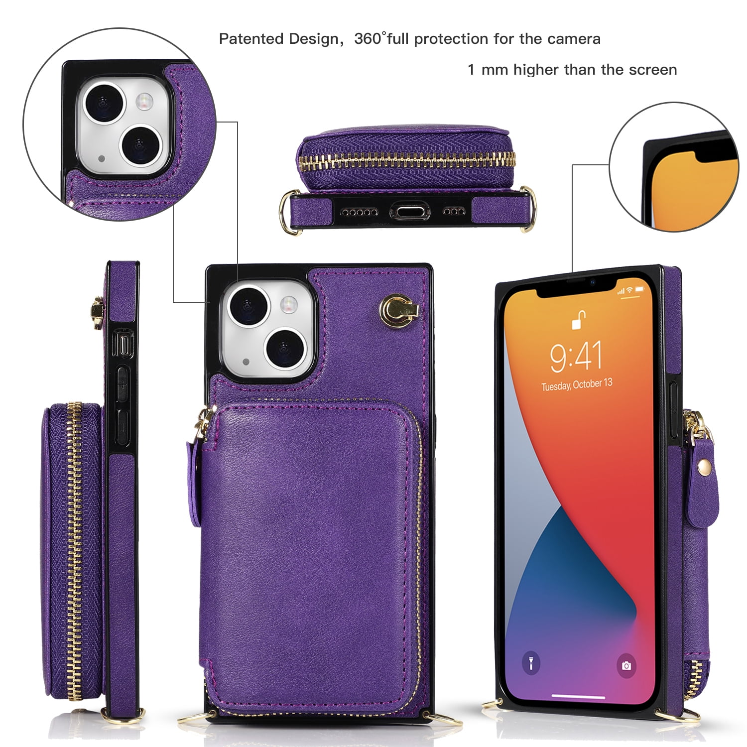 TECH CIRCLE For iPhone 7 / 8 / SE 2022 & 2020 Wallet Case,Card Holder Phone Case for Women, Zipper PU Leather Purse Kickstand Folio Flip Case with Crossbody Strap for Apple iPhone 7 8 SE 2022,Purple