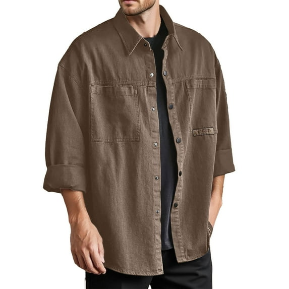 QHFBli Men's Washed Denim Long Sleeve Shirt, StandCollar Thick Denim Air Layer Warm for Outdoor&Trendy Wear Button Down Shirt