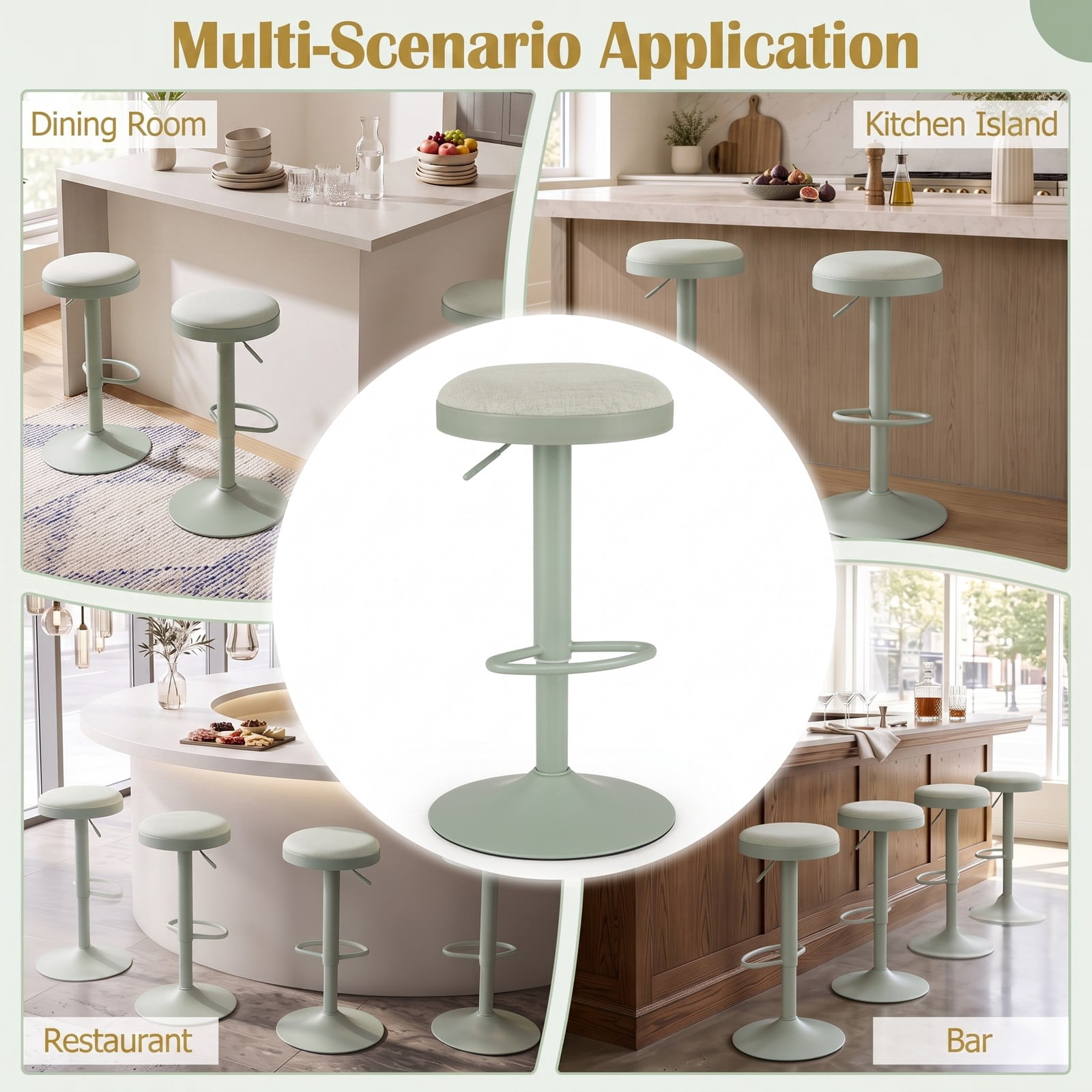 Furnibear Set of 2 Swivel Bar Stools, Height Adjustable Counter Stools with Cushioned Fabric Seat, D-Shaped Footrest and Rubber-Ring Base for Kitchen Island, Green