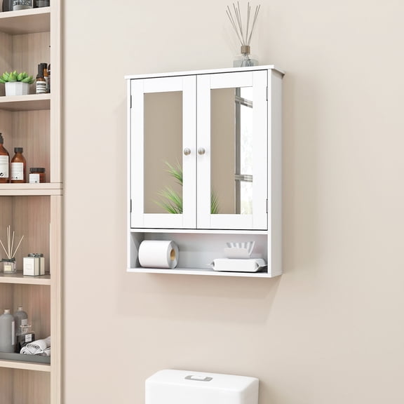 Medicine Cabinet, Medicine Cabinets for Bathroom with Mirror 2 Doors 4 Open Shelf, Bathroom Cabinet Wall Mounted Wooden Storage Over Toilet Laundry Room Kitchen