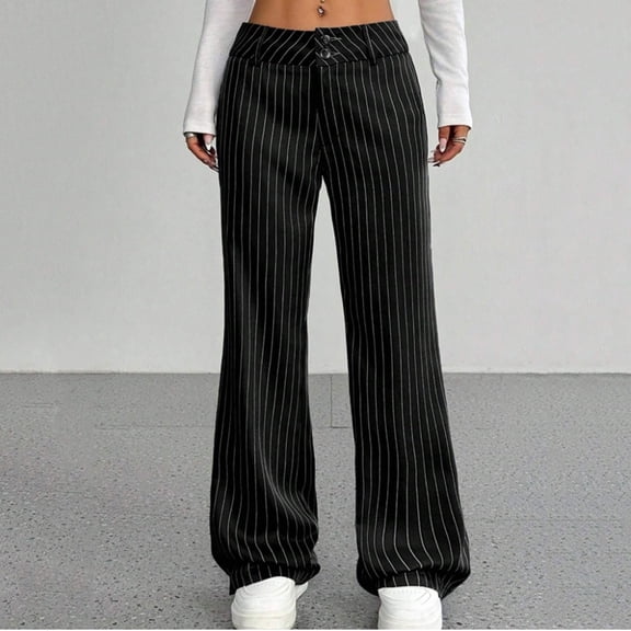 ClodeEU Women's Striped Mid Rise Wide Leg Flare Pants,Casual Suit Trousers with Pockets Black,Women's Plus L
