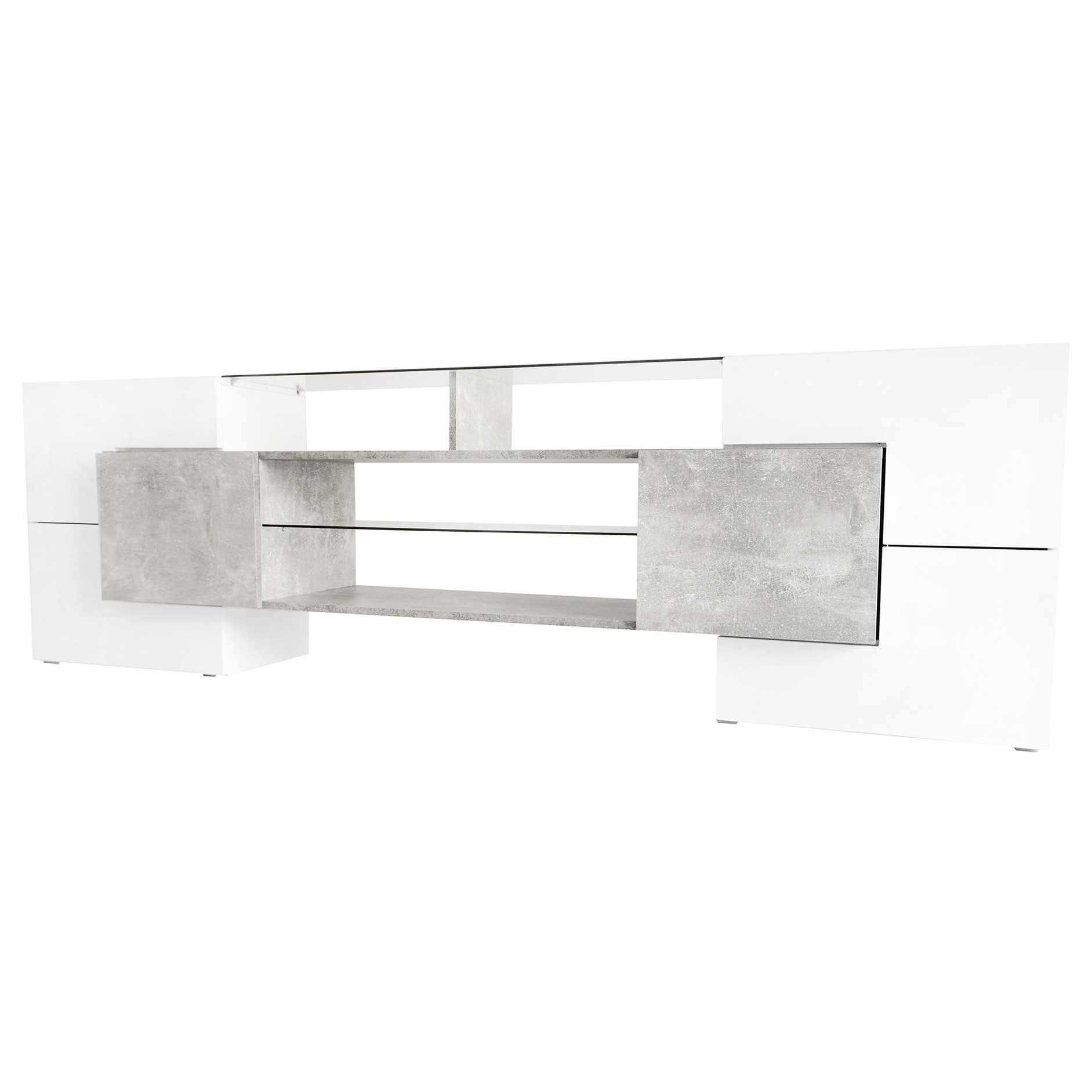 TV stand with 2 glass and 2 wooden shelves, LED lights for storing gaming consoles in living area