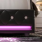 Homfa King Size LED Bed Frame with Outlets and USB Ports & Display Platform, 4 Storage Drawers Modern Wingback PU Leather Crystal Button Upholstered Platform Bed Frame, Black