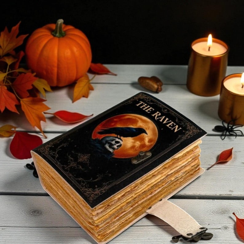 Handmade Leather Journal – “The Raven” Gothic Vintage Notebook, 200 Deckle-Edge Pages, Halloween Theme Diary