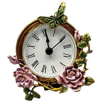 Vintage Styles Small Analog Clock Operated Metal Desk Clock with Floral Butterfly Pattern for Shelf or Bedside