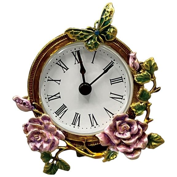 Vintage Styles Small Analog Clock Operated Metal Desk Clock with Floral Butterfly Pattern for Shelf or Bedside