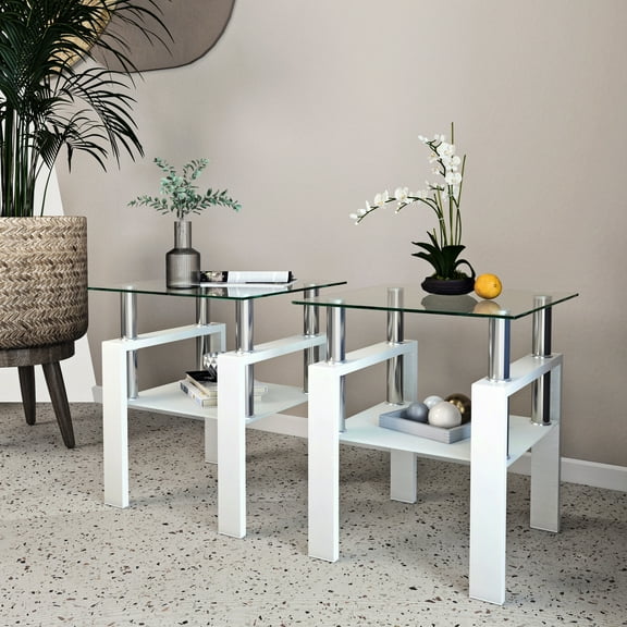 2-Tier Tempered Glass End Table Set of 2, Modern Sofa Side Table with Open Storage Shelf, Steel Pipe and Metal Legs, Square Tea Table, Glass Nightstand for Living Room Bedroom Office, White