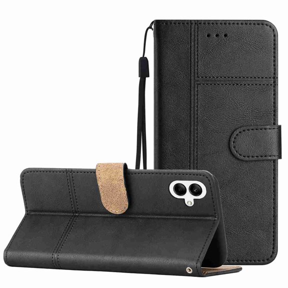for Samsung Galaxy A07 Wallet Case, Rugged PU Leather Phone Cover with 2 Card Slots & Cash Pocket & Wrist Strap & Kickstand Shockproof Soft TPU Protective Case, Black