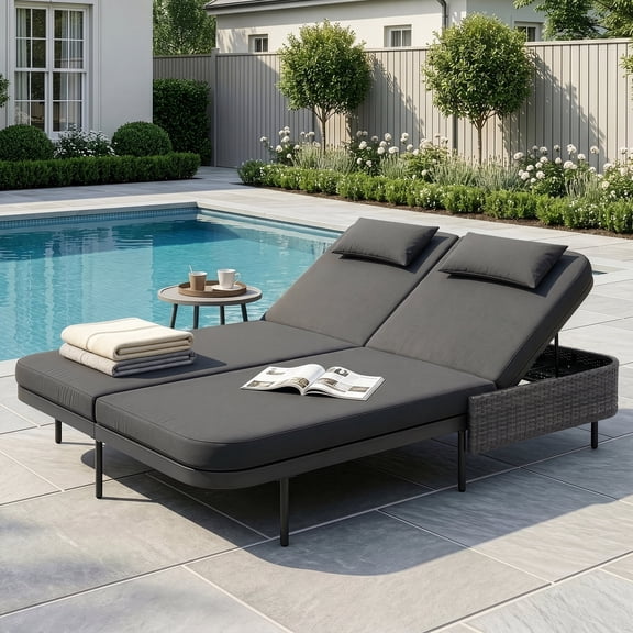 RADIATA 51.2" Wide 2-Person Outdoor Double Chaise Lounge Daybed, PE Wicker Patio Sunbed with 6-Position Backrests, 4.1" Cushions, Dark Gray