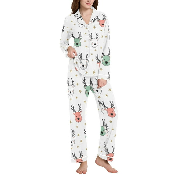 joogoo Pajamas Set for Women Xmas Cute Reindeers Long Sleeve Pjs Loungewear L