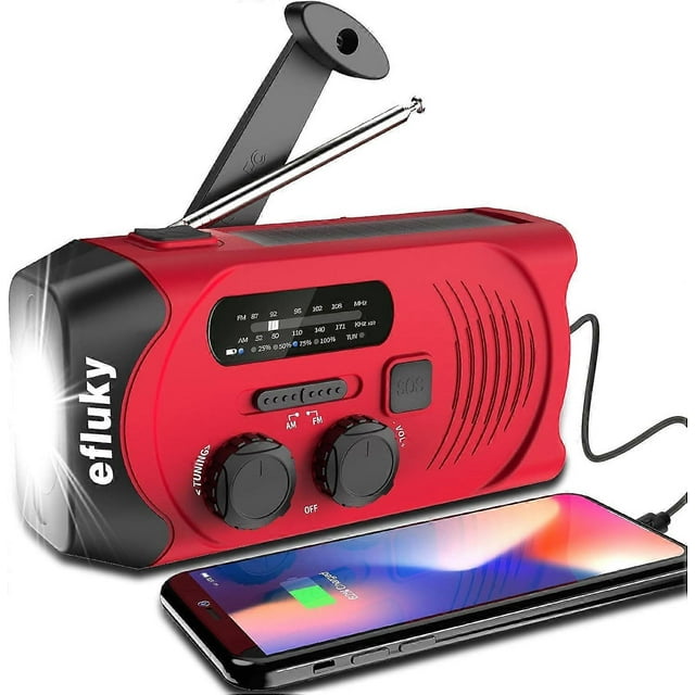 SCSYV Efluky Wind Up Solar Radio, Portable AM/FM Crank Radio, USB Rechargeable Emergency Radio with Led Flashlight, SOS Alarm and Hand Crank Dynamo Ca
