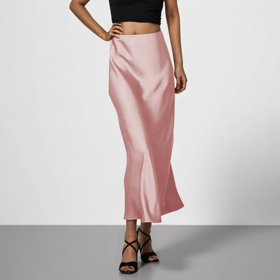 YTCAMLO High Waisted Satin Skirts for Women Elegant Fashion Maxi Skirts Wedding Guest Long Skirts Work Cocktail Flowy A Line Skirt, Pink XXL