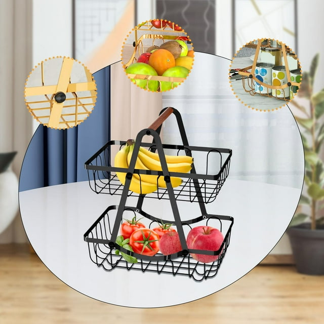 Organizador de canasta de frutas de cocina organizador decorativo de metal desmontable de 2 niveles Cesta de vegetales de 2 niveles para sala de estar Negro