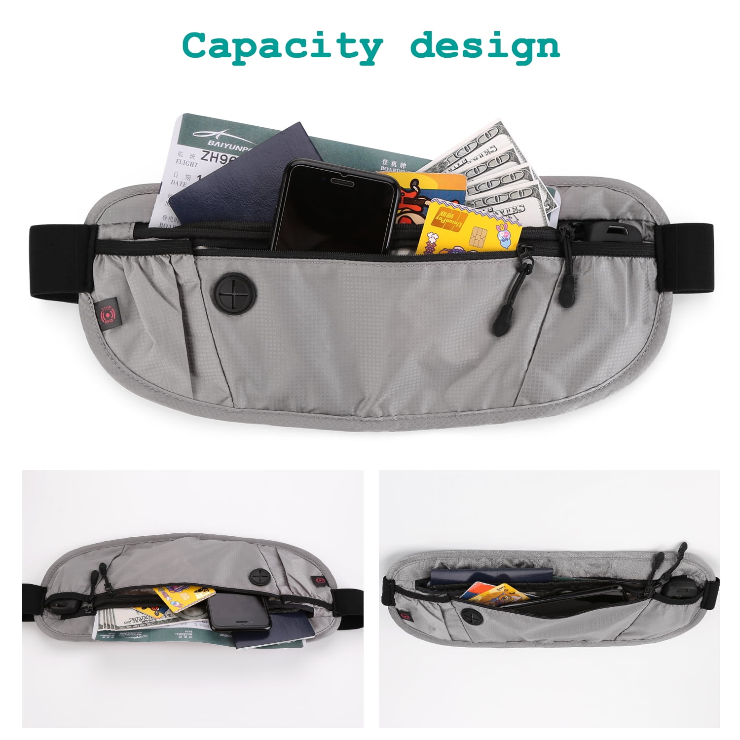 Grey Travel Wallet Money Belt Passport Holder RFID Blocking
