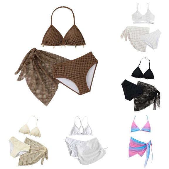 Girl's 3 Piece Cute Swimsuit Coffee Bikini Set Halter Triangle High Waisted Bathing Suit with Mesh Coverups Skirt Summer Beachwear 11-12 Years