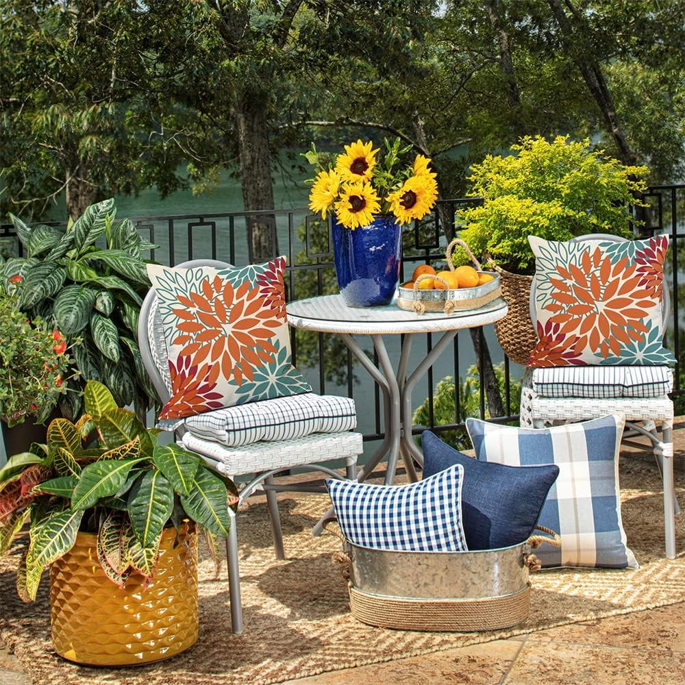 Orange Teal Red Flower Pillow Covers 22x22 Inch Set of 2 Fall Throw Pillows Outdoor Waterproof Decor for Living Room Sofa Patio Funiture Garden Floral Polyester Pillow Covers 002Y22