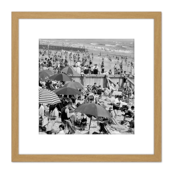 New York At The Beach Bathers Sun Vintage Vintage Photo 8X8 Inch Square Wooden Framed Wall Art Print Picture with Mount