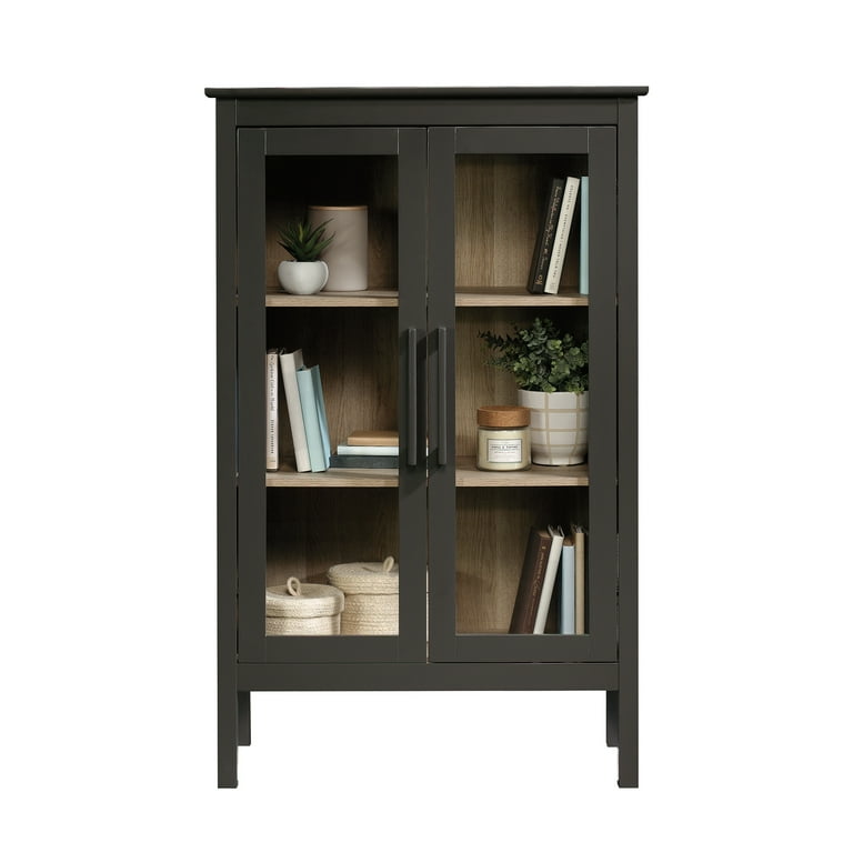 Sauder Anda Norr 2 Door Glass fronted Wood Display Cabinet Slate Gray Finish