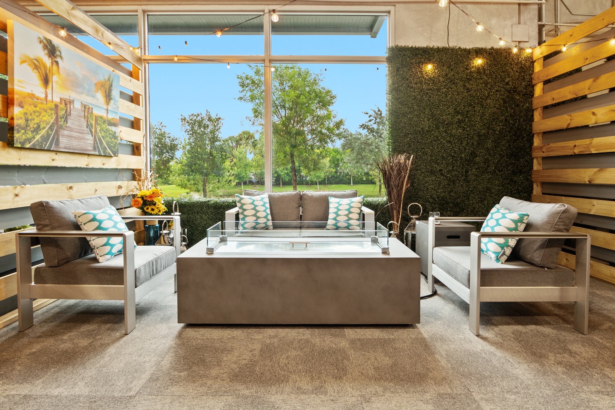 60" Rectangular Concrete Smokeless Fire Pit for Patio, Table with Glass Guard and Crystals in Gray (Amber)