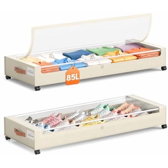 Under Bed Storage with Wheels 2 Pack, 85L Extra Large Under Bed Storage Containers with Metal Frame & Clear Lid, Rolling Underbed Organizer Bins Drawers for Clothes, Shoes, Blankets, Beige