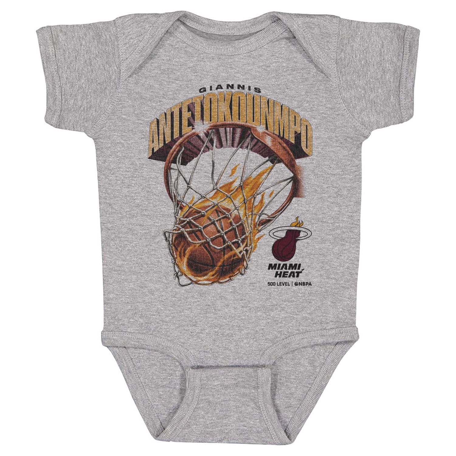 Infant 500 Level Giannis Antetokounmpo Heather Gray Miami Heat On Fire Bodysuit