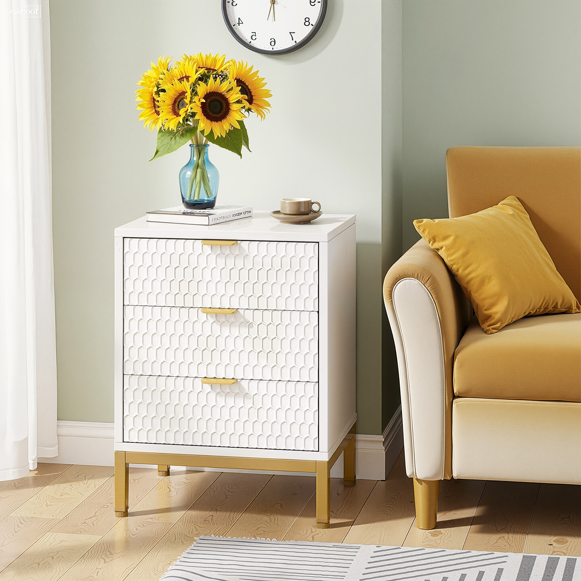 MAYEERTY Tall White Nightstand with 3 Glide Drawers, Honeycomb Hexagon Pattern & Gold Metal Base