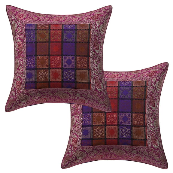 Stylo Culture Indian Settee Sofa Throw Pillow Covers 16x16 Jacquard Purple Gold Traditional 40 x 40 cm Home Decor Brocade Geometric Zippered Square Cushion Covers | Set Of 2
