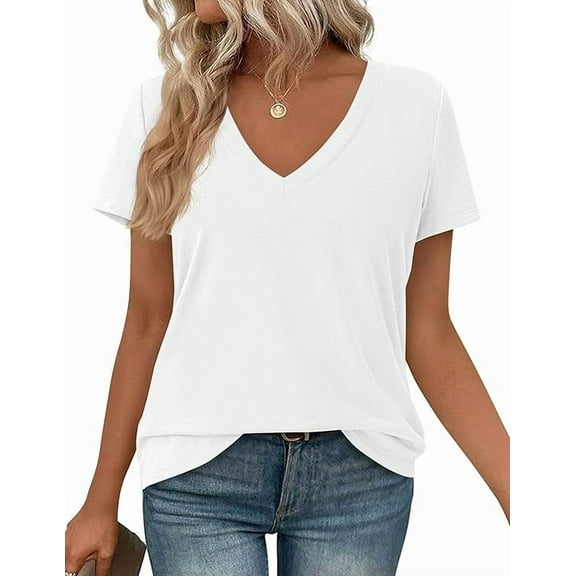 PRETTYGARDEN Women's V Neck T Shirts Summer Short Sleeve Spring Going Out Tops Casual Loose Fit Basic Tees Beach Clothes