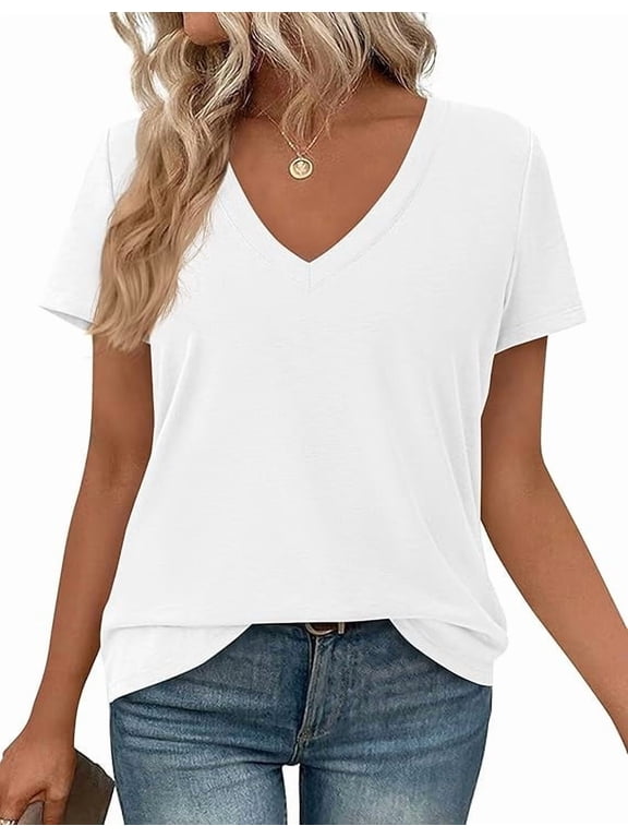 Women's V Neck T Shirts Short Sleeve Going Out Tops Casual Loose Fit Basic Tees Beach Clothes