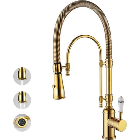 Classical High Arc Single Handle Spring Kitchen Faucet with Pull Down Spray, Swiveling Commercial Single Handle Kitchen Sink Faucets for Farmhouse, Gold