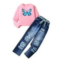 thumbnail image 1 of Odeerbi 8-13 Años Niñas Conjunto de Algodón Manga Larga Tops Pantalones Vaqueros de Pata Recta Conjunto de Dos Piezas Imitando Pantalones Vaqueros, 1 of 9