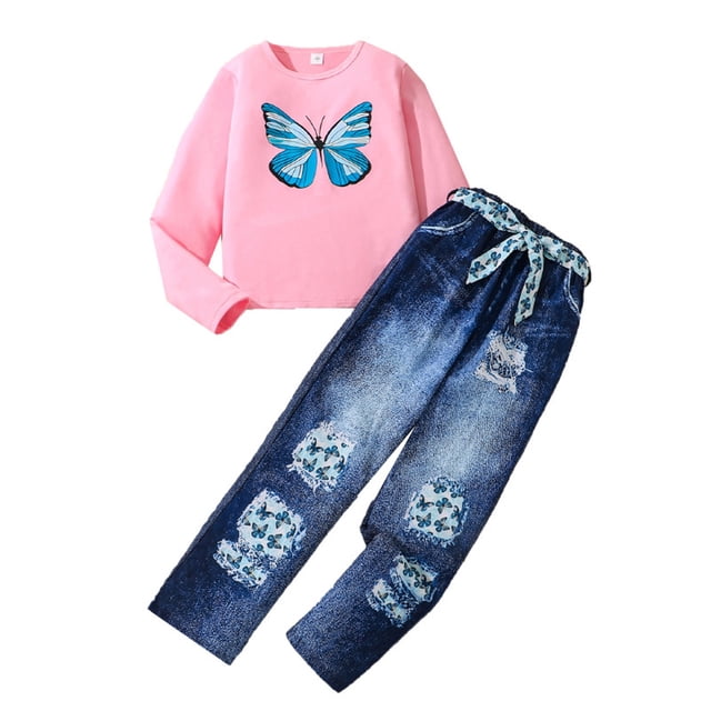 Odeerbi 8-13 Años Niñas Conjunto de Algodón Manga Larga Tops Pantalones Vaqueros de Pata Recta Conjunto de Dos Piezas Imitando Pantalones Vaqueros