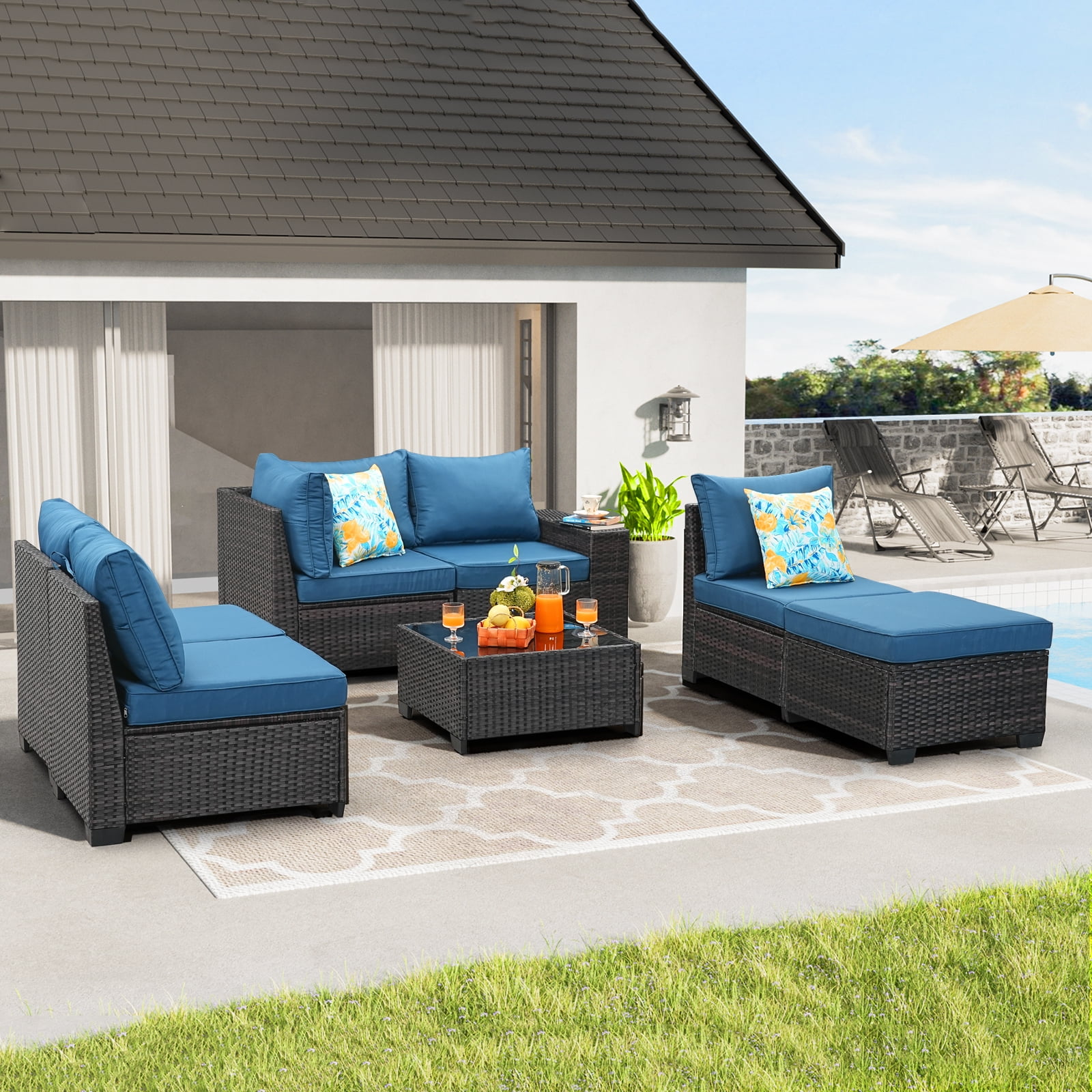 JOYURE 7 Pieces Patio Furniture set All-Weather Outdoor Wicker Sectional Conversation Sofa Rattan patio seating sofa with cushion and Glass Table and Ottoman for Porch Poolside,Peacock