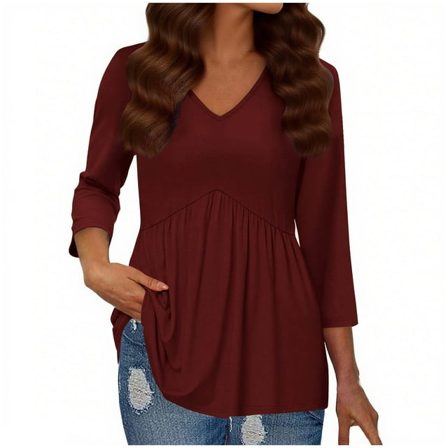 Plebaso 3/4 Length Sleeve Womens Tops V Neck Pleated Tunic Tops Solid Color Dressy Flowy Tee Blouses