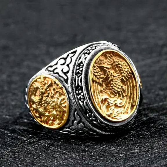 K-KED Vintage Phoenix Dragon Pattern Signet Ring Stainless Steel Tribal Lucky Men Ring-12