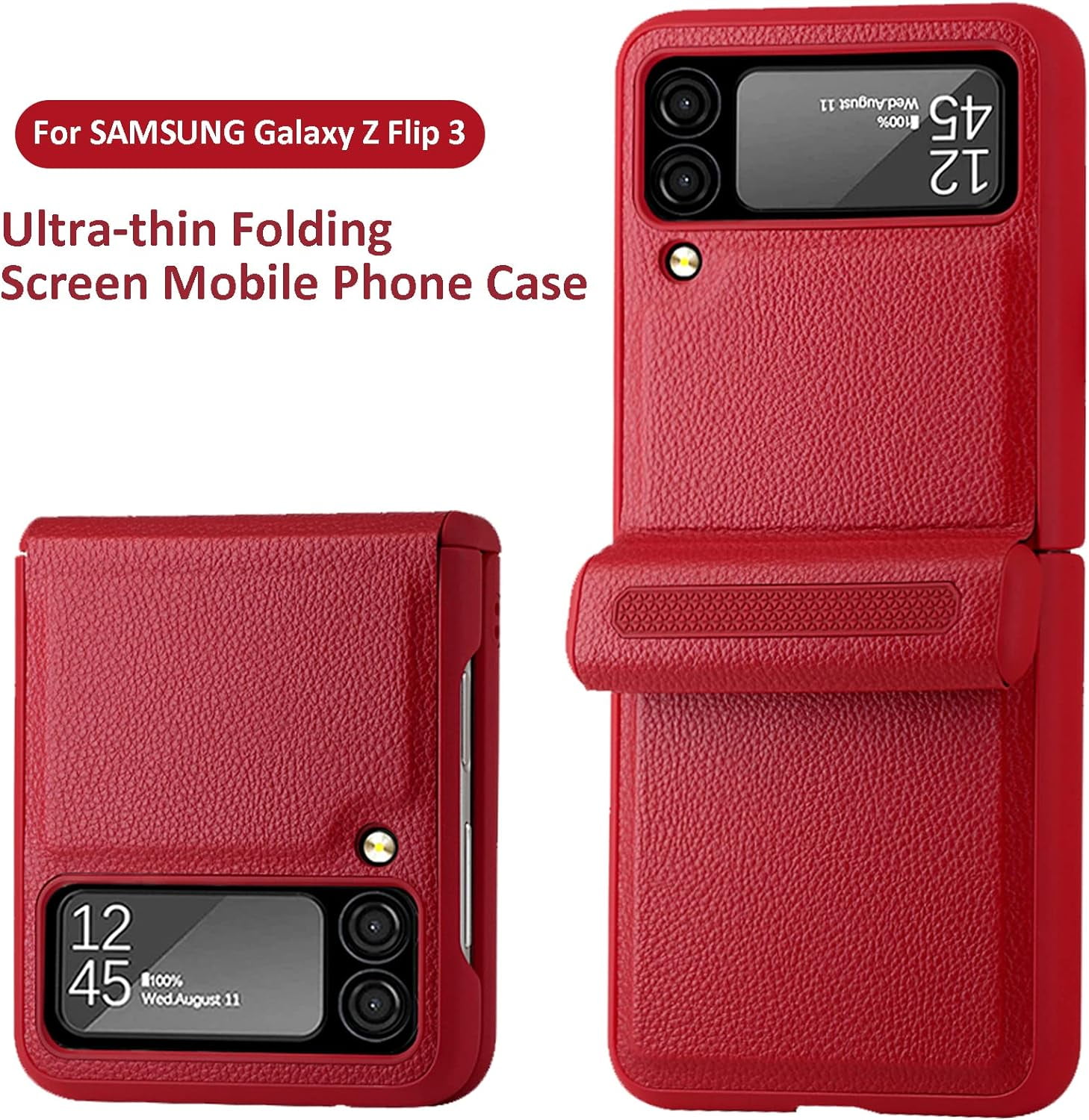 Compatible Samsung Z Flip 3 5G Case with Hinge Protection Screen Protector,All Around Protection Ultra Thin PU Leather+PC Case Galaxy Z Flip 3 Case for Samsung Flip 3 Phone Case Cute– Red