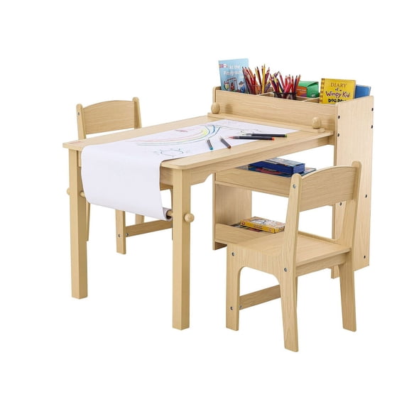 Kids Art Table and 2 Chairs Set, Toddler Craft Table with Storage Cabinet, Wood Learning Table for Art, Drawing, Play - Ages 2-8