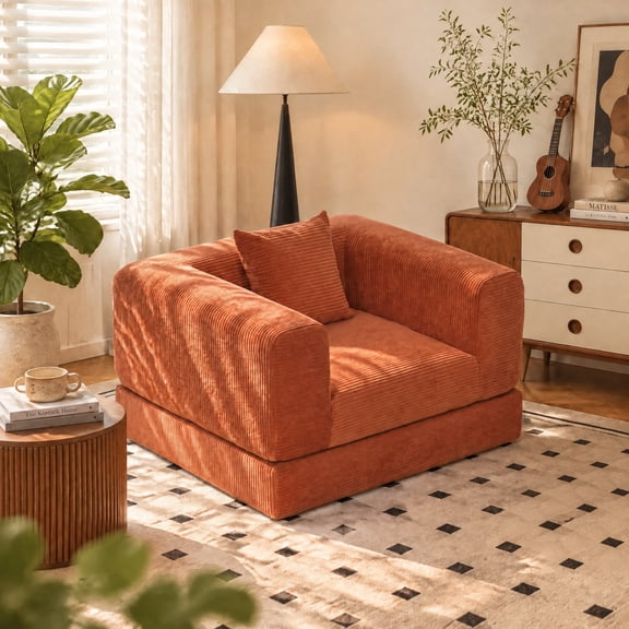 OUGRAZ 2-in-1 Corduroy Floor Sofa Chair, Comfy Oversized Sleeper Sofa with 1pc Pillow for Living Room,Bedroom,Office,Orange