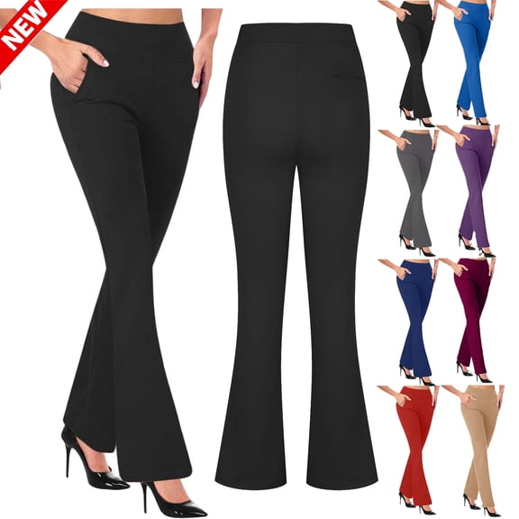 Tqyyweavej Women's Flare Pants Slimming Solid Color Casual Bootcut Pants Knit Yoga Work Pants Women with Pockets Size S to 2XL