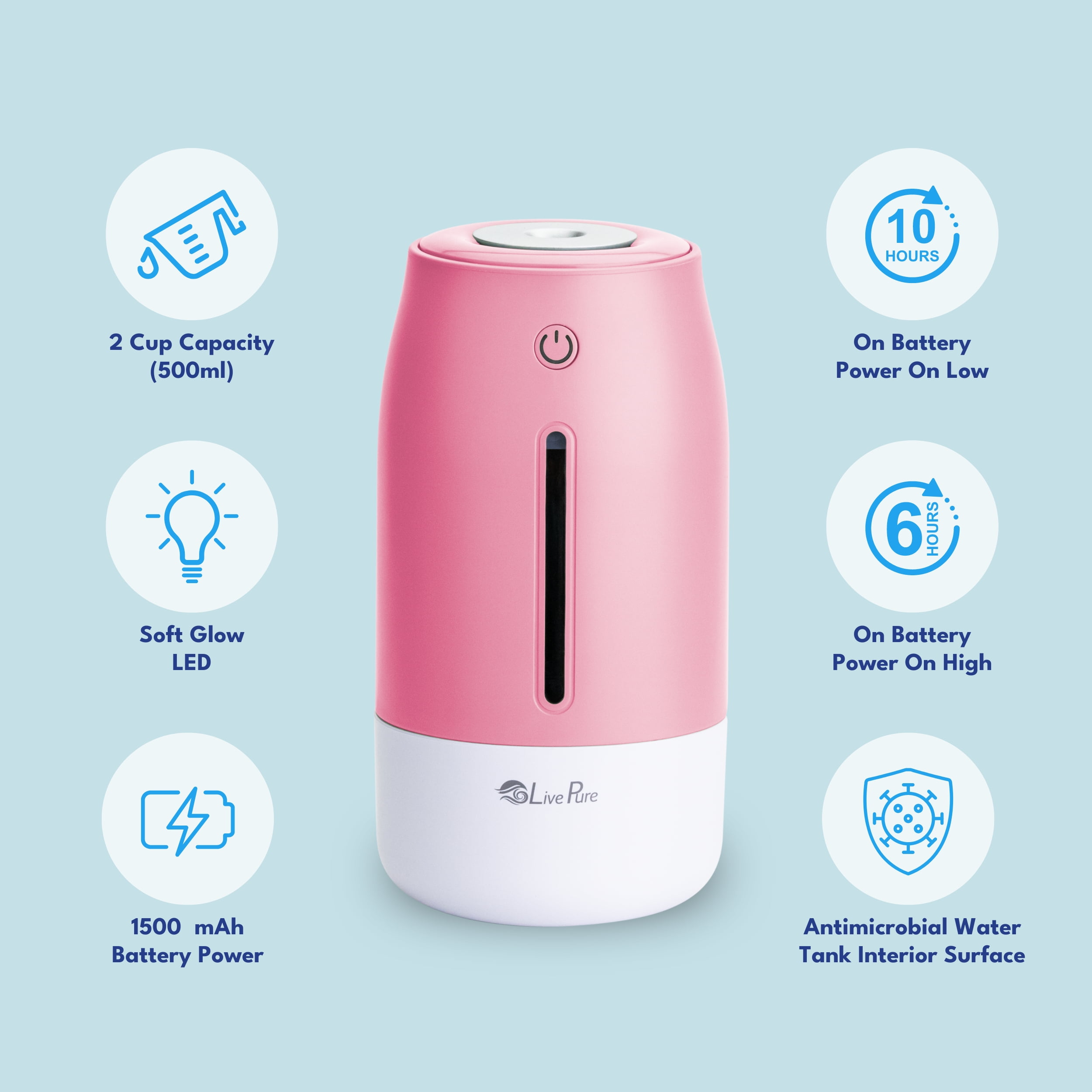 LivePure LP250 Aqua Glo Portable Cool Mist Humidifier. Rose Quartz
